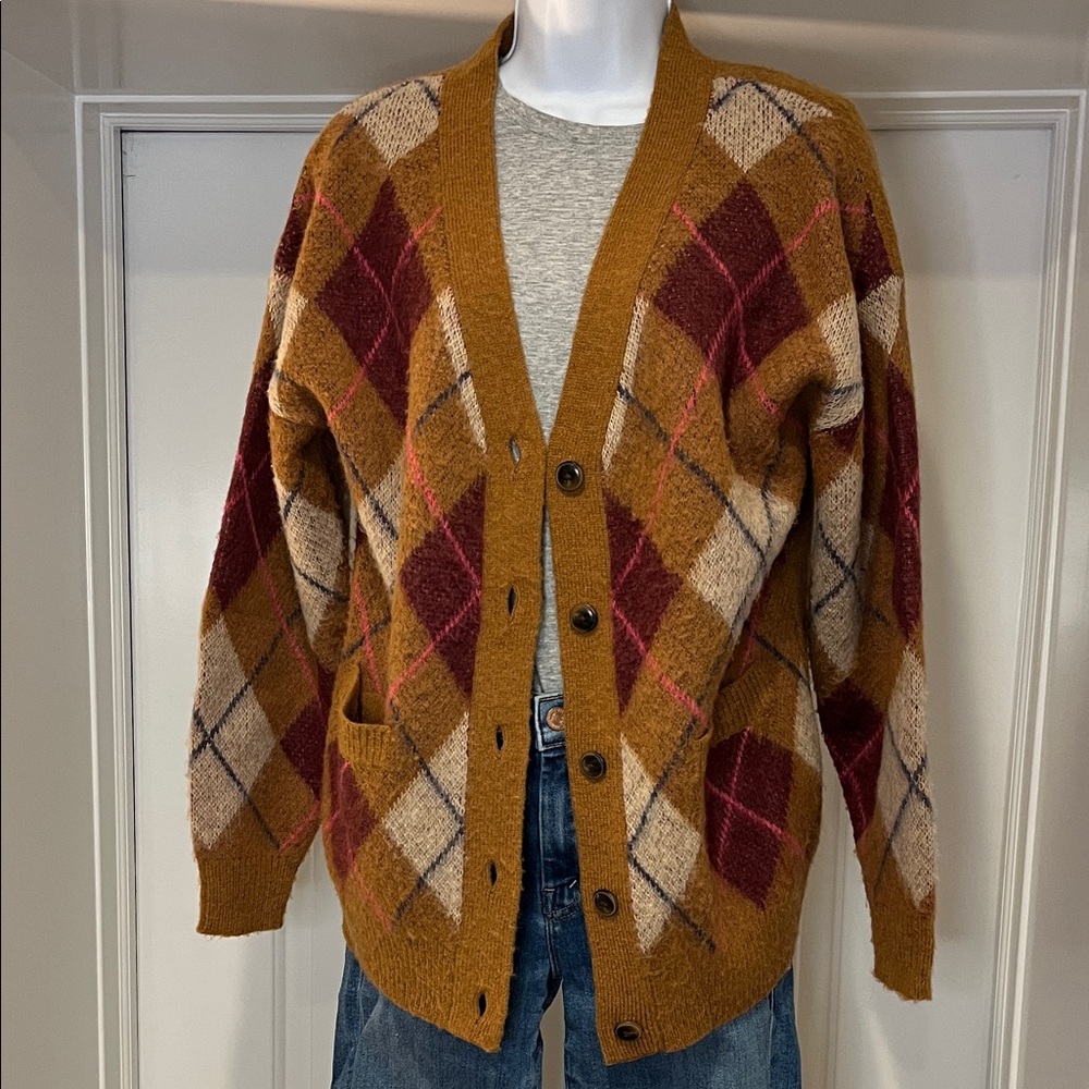 Women’s Steve Madden Camel Argyle Button-Front Cardigan Sweater Size XS